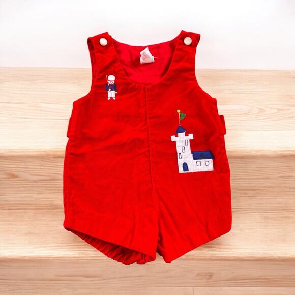 Vintage Red Velvet Shortall Romper 6-9mo Sand Castle 80's Shorts Overalls Boy - Picture 1 of 1